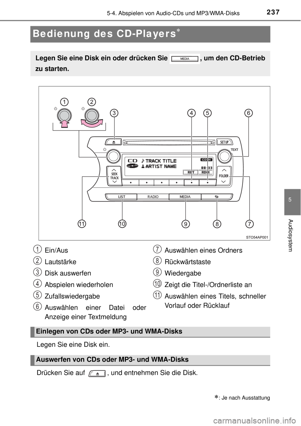 TOYOTA YARIS HYBRID 2014  Betriebsanleitungen (in German) 237
5
5-4. Abspielen von Audio-CDs und MP3/WMA-Disks
Audiosystem
Bedienung des CD-Players
Legen Sie eine Disk ein.
Drücken Sie auf  , und entnehmen Sie die Disk.
: Je nach Ausstattung
Legen Sie