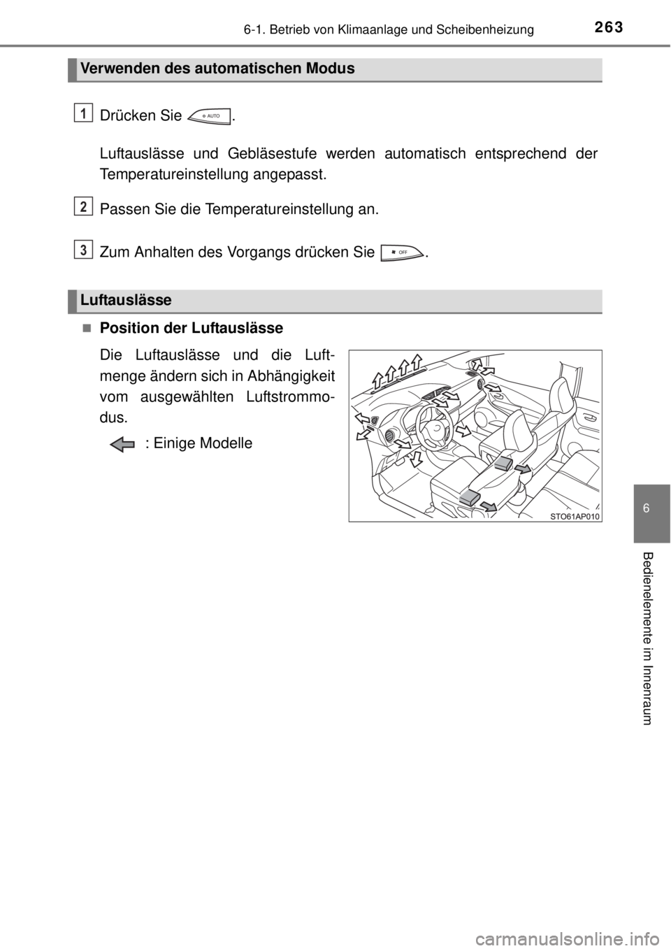 TOYOTA YARIS HYBRID 2014  Betriebsanleitungen (in German) 2636-1. Betrieb von Klimaanlage und Scheibenheizung
6
Bedienelemente im Innenraum
Drücken Sie  .
Luftauslässe und Gebläsestufe werden automatisch entsprechend der
Temperatureinstellung angepasst.
P