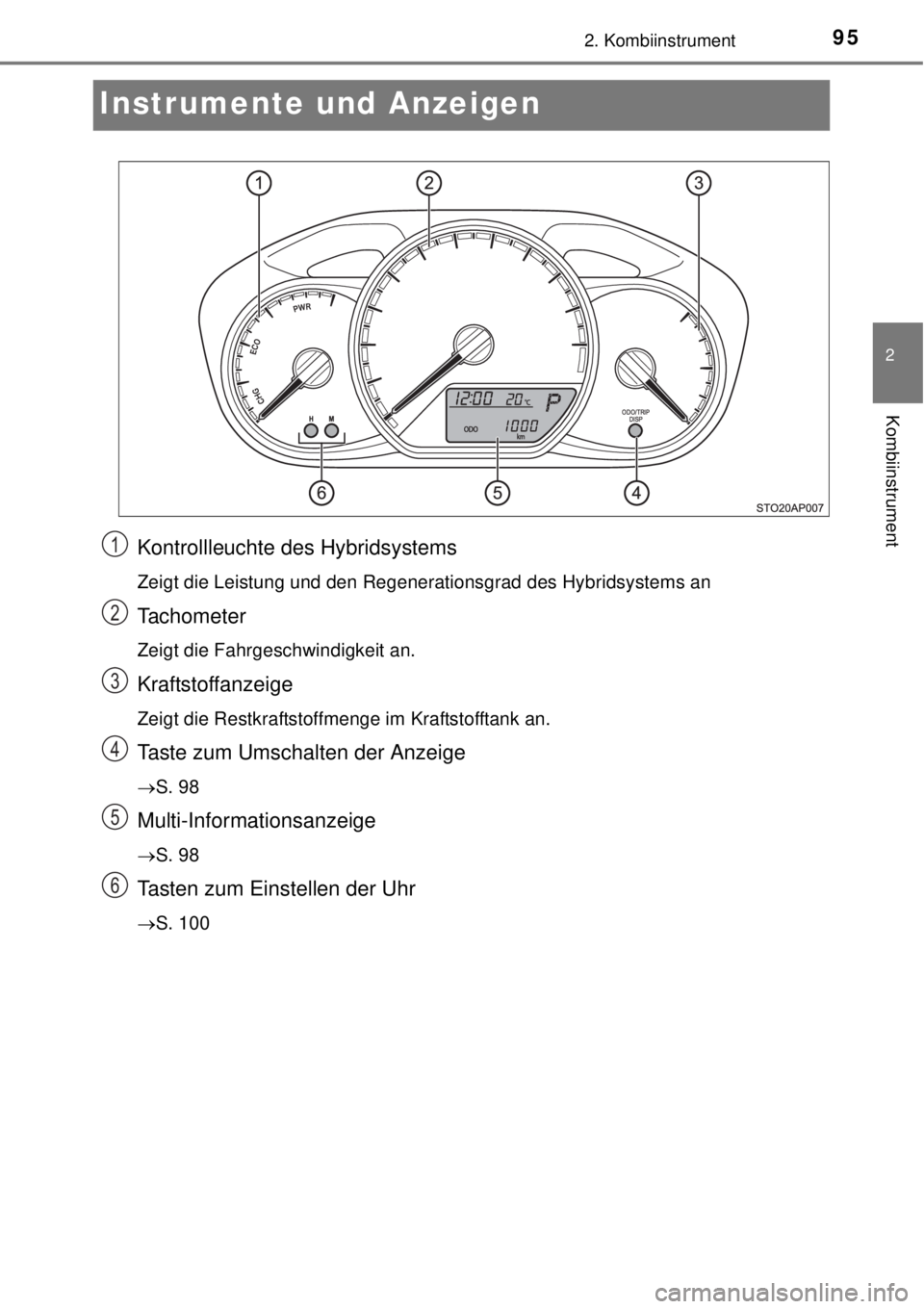 TOYOTA YARIS HYBRID 2014  Betriebsanleitungen (in German) 95
2
2. Kombiinstrument
Kombiinstrument
Instrumente und Anzeigen
Kontrollleuchte des Hybridsystems
Zeigt die Leistung und den Regenerationsgrad des Hybridsystems an
Tachometer
Zeigt die Fahrgeschwindi
