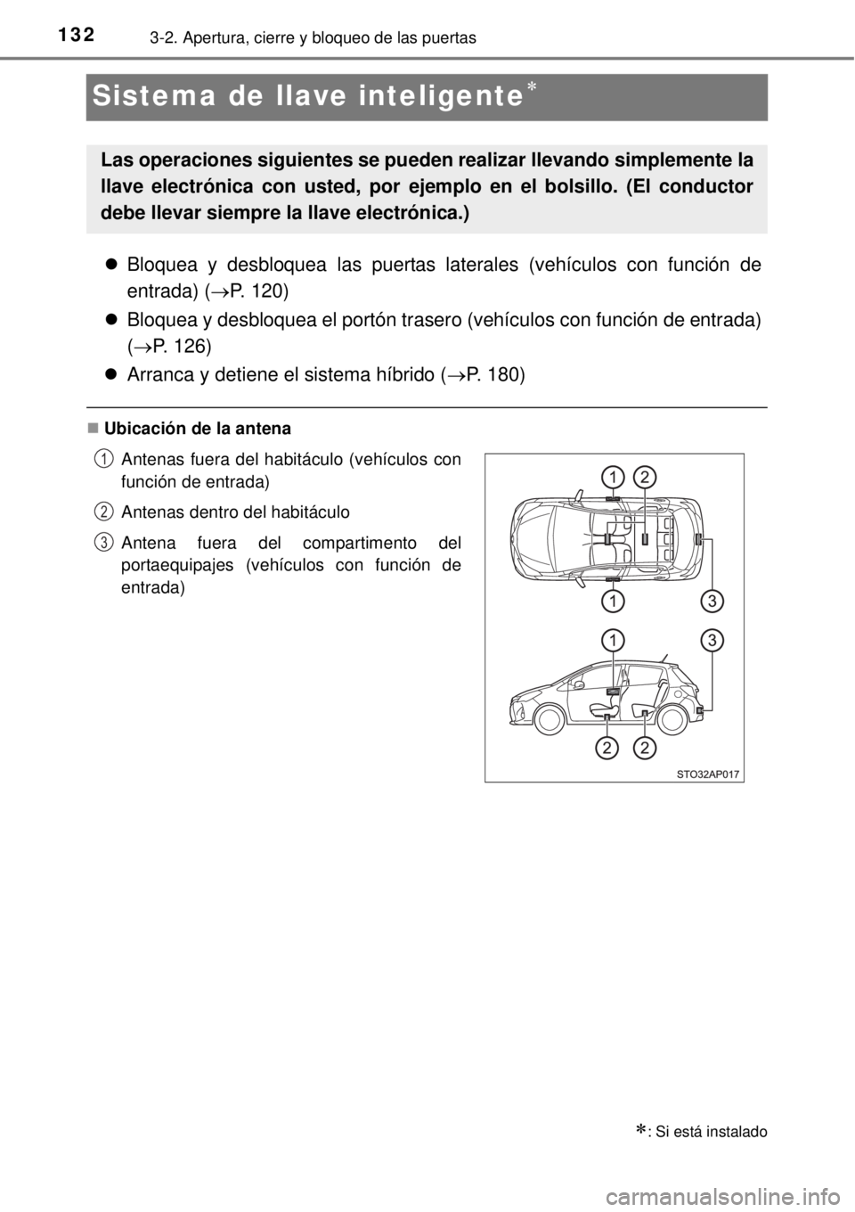 TOYOTA YARIS HYBRID 2014  Manual del propietario (in Spanish) 1323-2. Apertura, cierre y bloqueo de las puertas
Sistema de llave inteligente
Bloquea y desbloquea las puertas laterales (vehículos con función de
entrada) (P. 120)
Bloquea y desbloquea