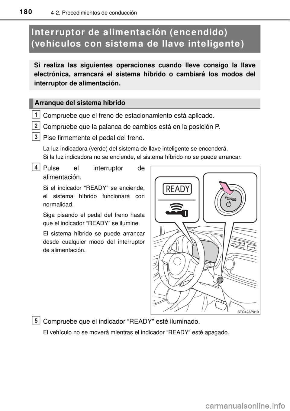TOYOTA YARIS HYBRID 2014 Manual del propietario (in Spanish) 1804-2. Procedimientos de conducción
Interruptor de alimentación (encendido)
(vehículos con sistema de llave inteligente)
Compruebe que el freno de estacionamiento está aplicado.
Compruebe que la TOYOTA YARIS HYBRID 2014 Manual del propietario (in Spanish) 1804-2. Procedimientos de conducción
Interruptor de alimentación (encendido)
(vehículos con sistema de llave inteligente)
Compruebe que el freno de estacionamiento está aplicado.
Compruebe que la