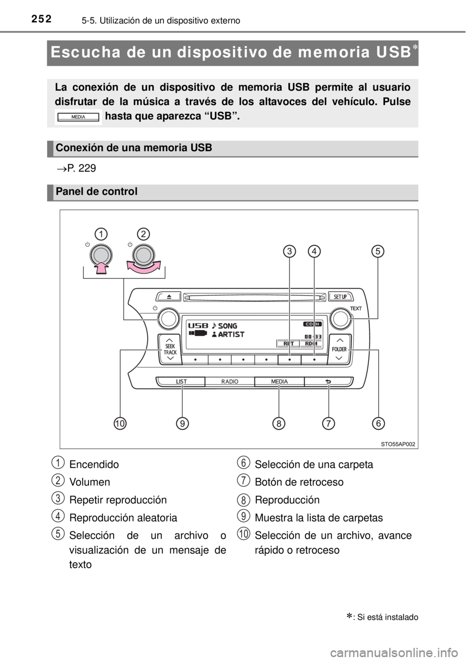 TOYOTA YARIS HYBRID 2014  Manual del propietario (in Spanish) 2525-5. Utilización de un dispositivo externo
Escucha de un dispositivo de memoria USB
P. 229
: Si está instalado
La conexión de un dispositivo de memoria USB permite al usuario
disfrutar 