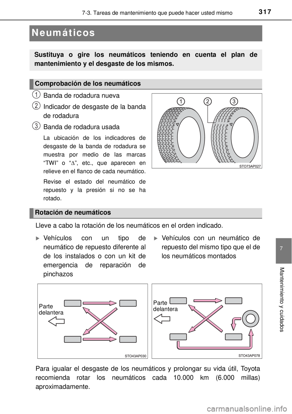 TOYOTA YARIS HYBRID 2014  Manual del propietario (in Spanish) 3177-3. Tareas de mantenimiento que puede hacer usted mismo
7
Mantenimiento y cuidados
Neumáticos
Banda de rodadura nueva
Indicador de desgaste de la banda
de rodadura
Banda de rodadura usada
La ubic