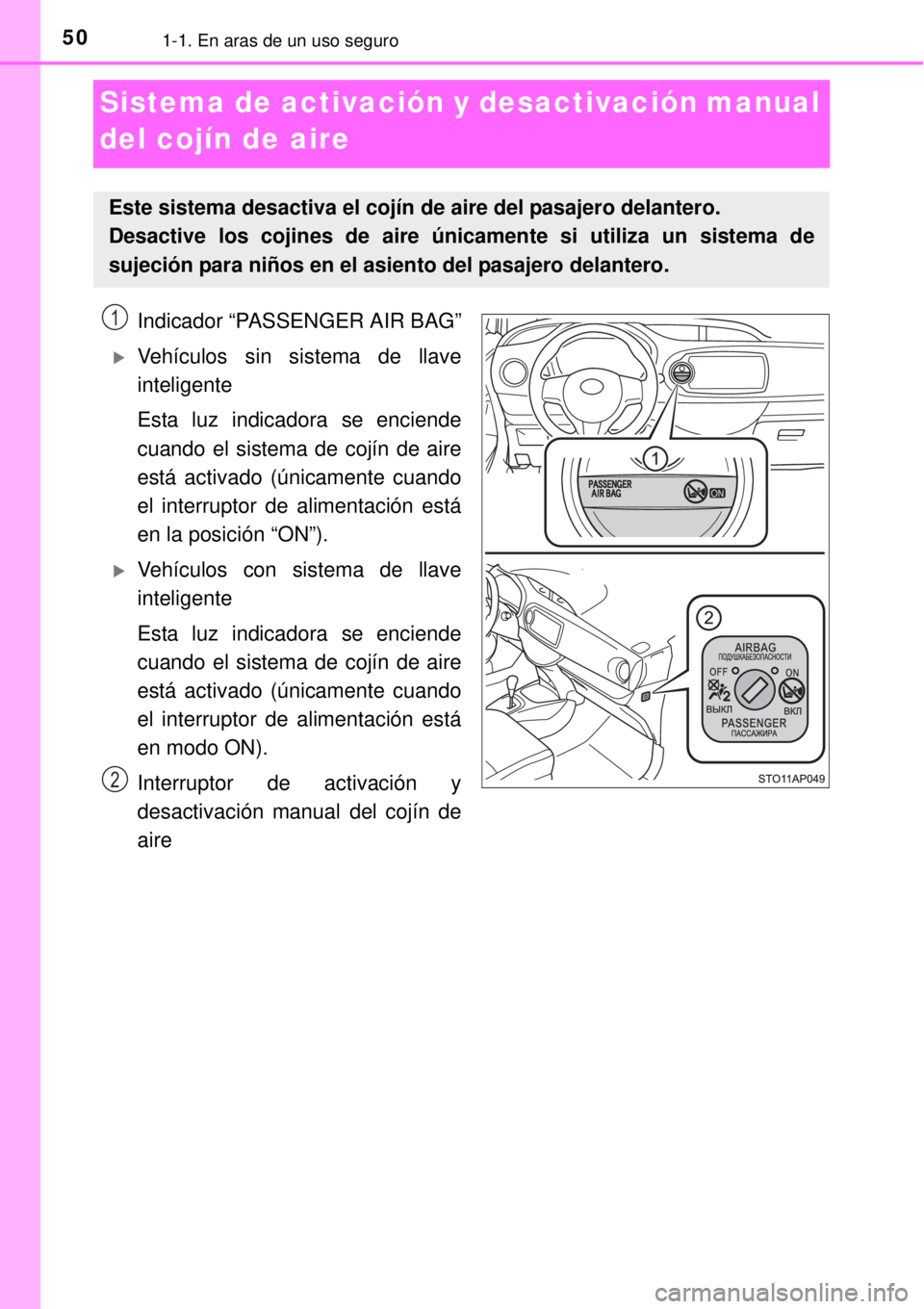 TOYOTA YARIS HYBRID 2014  Manual del propietario (in Spanish) 501-1. En aras de un uso seguro
Sistema de activación y desactivación manual 
del cojín de aire
Indicador “PASSENGER AIR BAG”
Vehículos sin sistema de llave
inteligente
Esta luz indicadora 