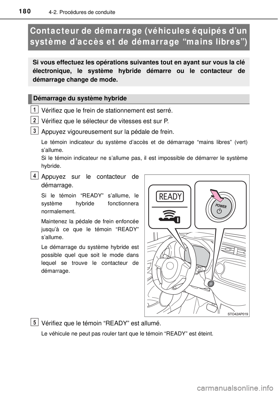 TOYOTA YARIS HYBRID 2014  Manuel du propriétaire (in French) 1804-2. Procédures de conduite
Contacteur de démarrage (véhicules équipés d’un 
système d’accès et de démarrage “mains libres”)
Vérifiez que le frein de stationnement est serré.
Vér