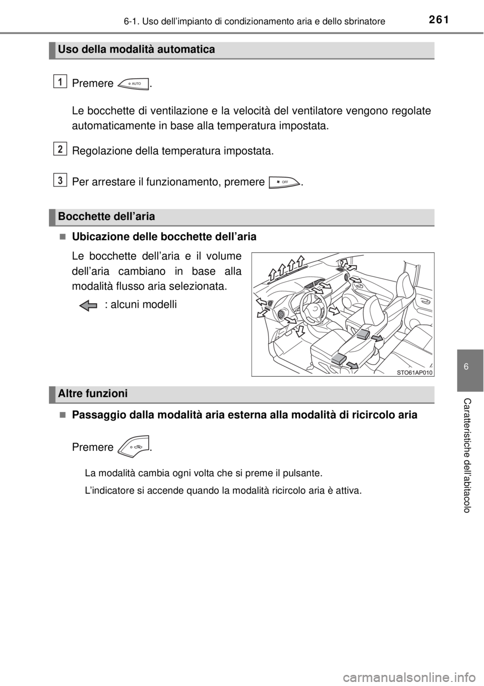 TOYOTA YARIS HYBRID 2014  Manuale duso (in Italian) 2616-1. Uso dell’impianto di condizionamento aria e dello sbrinatore
6
Caratteristiche dell’abitacolo
Premere .
Le bocchette di ventilazione e la velocità del ventilatore vengono regolate
automat