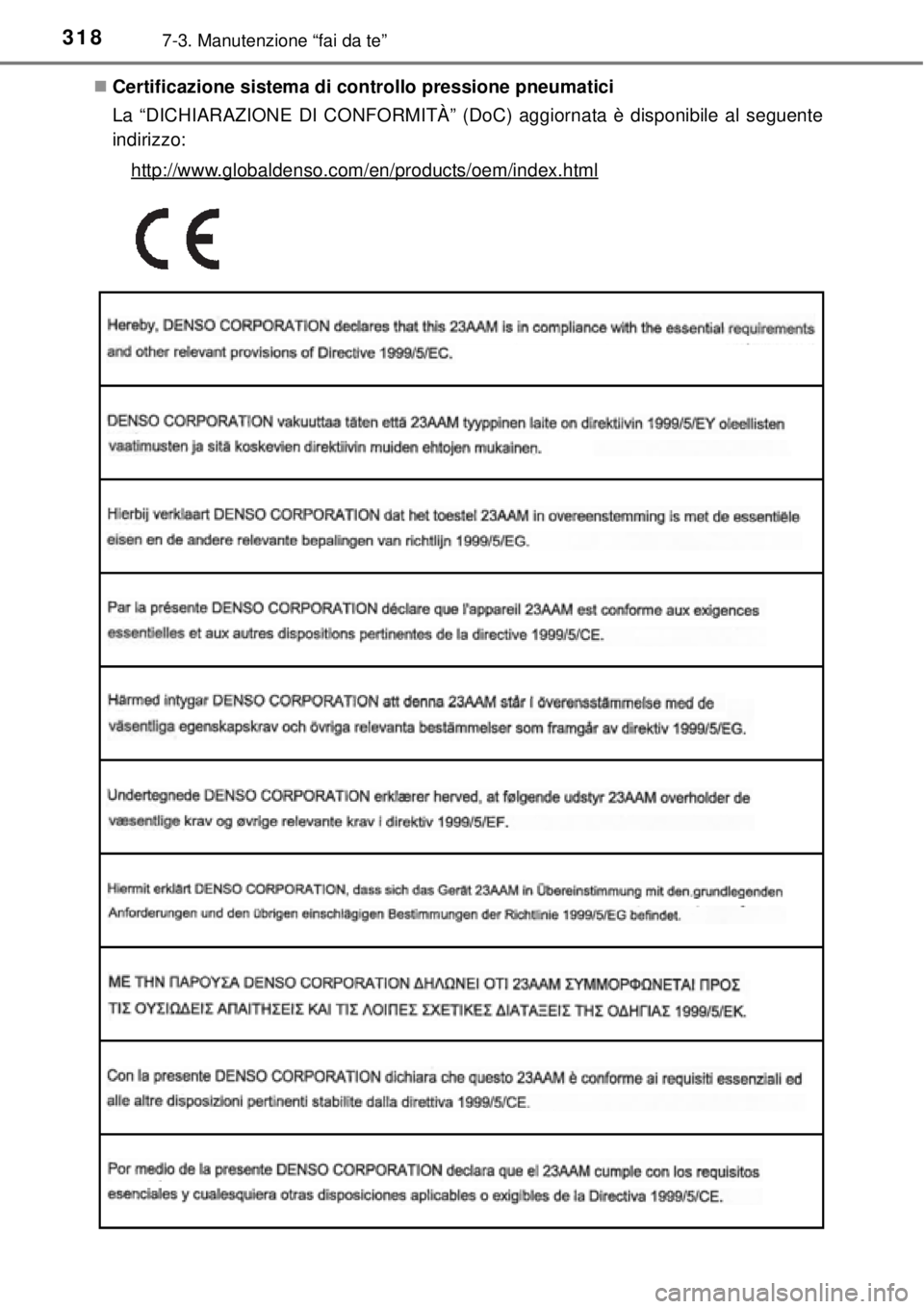 TOYOTA YARIS HYBRID 2014  Manuale duso (in Italian) 3187-3. Manutenzione “fai da te”
Certificazione sistema di controllo pressione pneumatici
La “DICHIARAZIONE DI CONFORMITÀ” (DoC) aggiornata è disponibile al seguente
indirizzo:
http://www