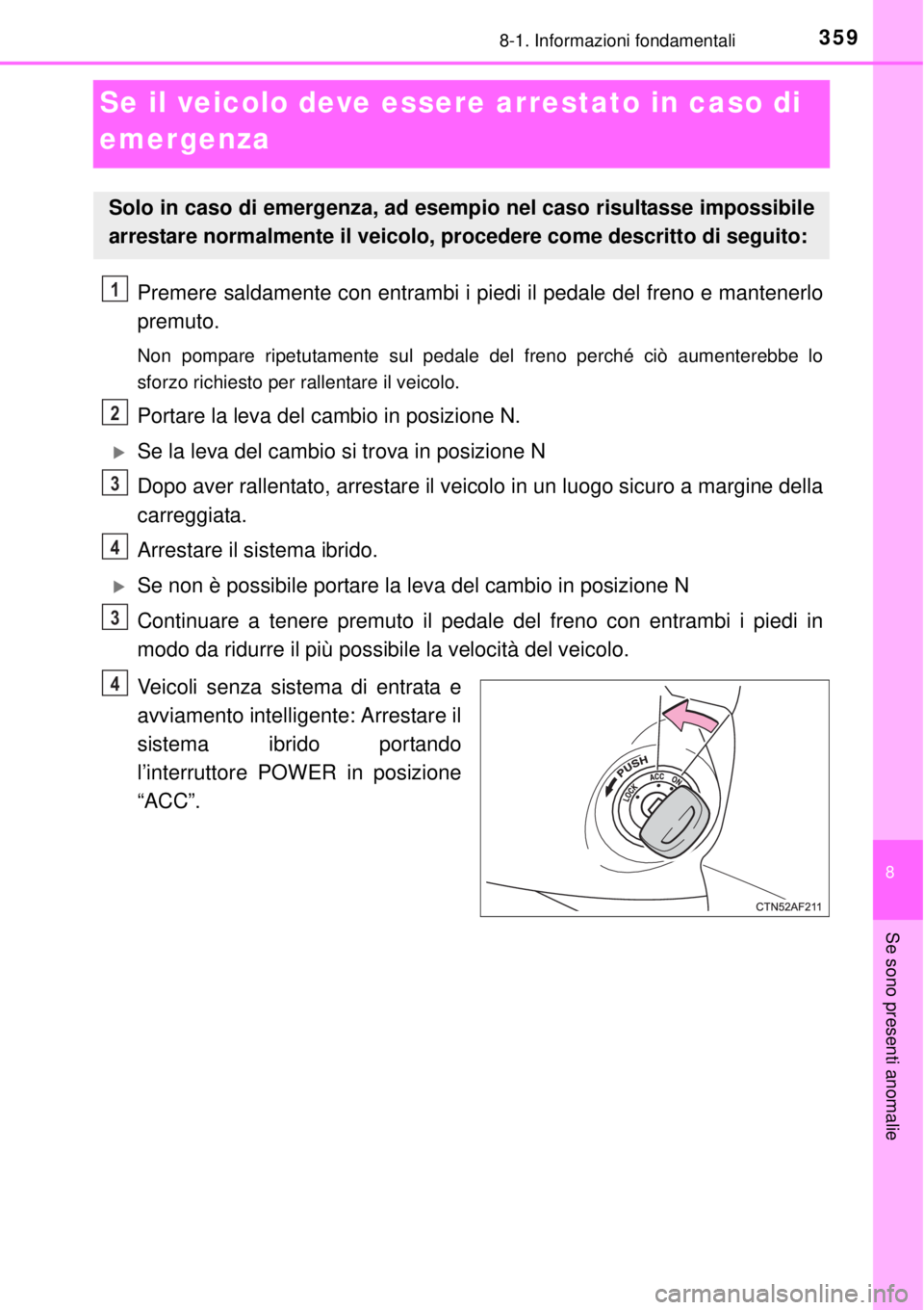 TOYOTA YARIS HYBRID 2014  Manuale duso (in Italian) 3598-1. Informazioni fondamentali
8
Se sono presenti anomalie
Se il veicolo deve essere arrestato in caso di 
emergenza
Premere saldamente con entrambi i piedi il pedale del freno e mantenerlo
premuto