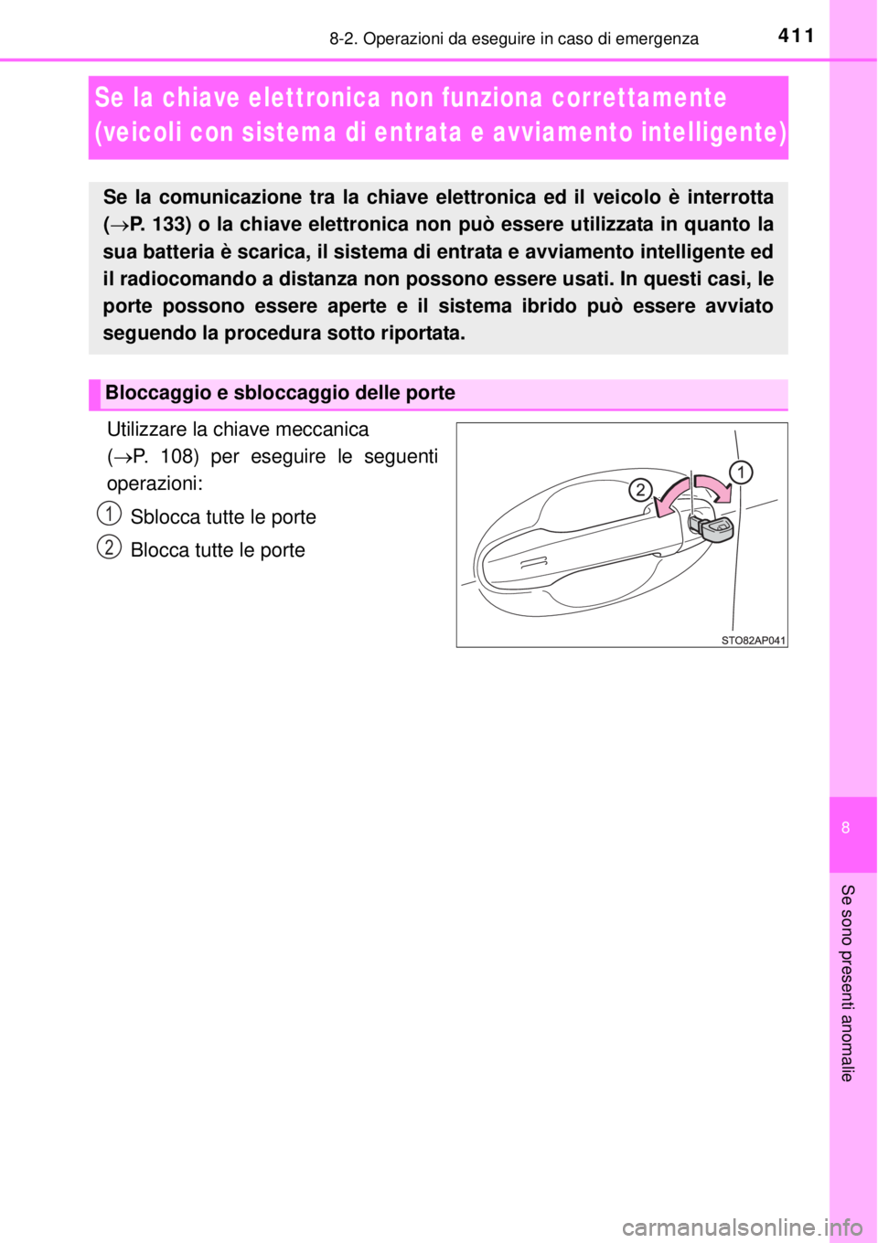 TOYOTA YARIS HYBRID 2014  Manuale duso (in Italian) 4118-2. Operazioni da eseguire in caso di emergenza
8
Se sono presenti anomalie
Se la chiave elettronica non funziona correttamente 
(veicoli con sistema di entrata e avviamento intelligente)
Utilizza