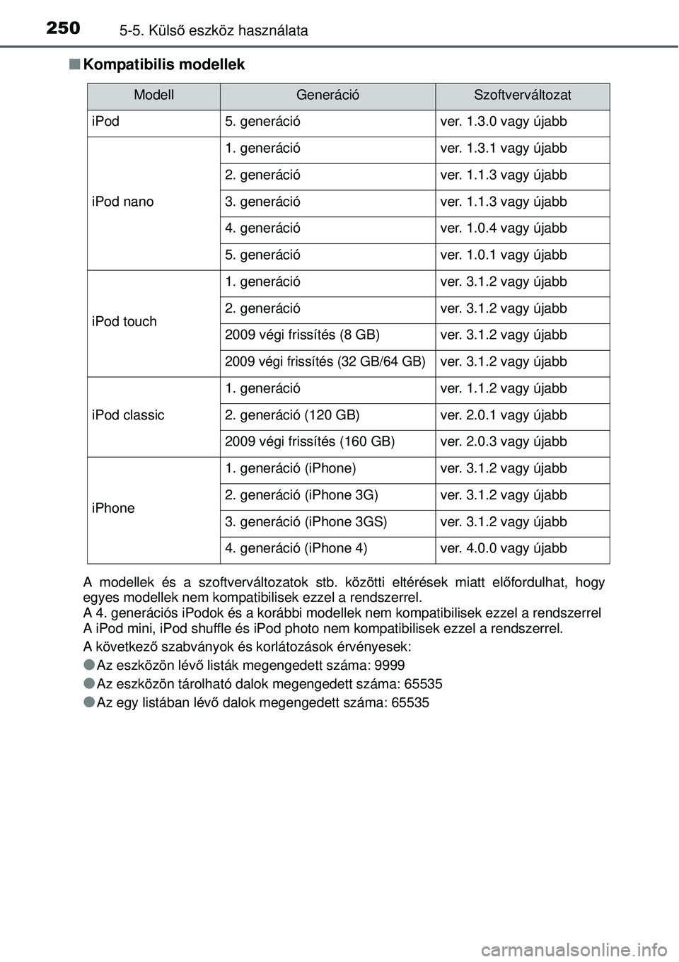 TOYOTA YARIS HYBRID 2014  Kezelési útmutató (in Hungarian) 2505-5. Külső eszköz használata
�QKompatibilis modellek
A modellek és a szoftverváltozatok stb. közötti eltérések miatt előfordulhat, hogy
egyes modellek nem kompatibilisek ezzel a rendszer