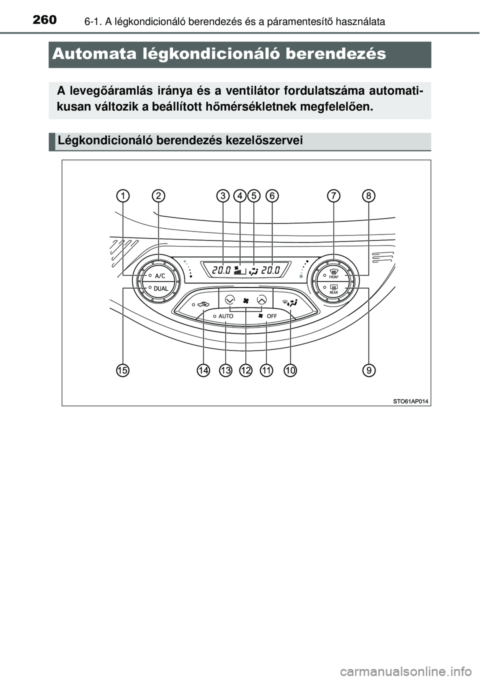 TOYOTA YARIS HYBRID 2014  Kezelési útmutató (in Hungarian) 2606-1. A légkondicionáló berendezés és a páramentesítő használata
Automata légkondicionáló berendezés
A levegőáramlás iránya és a ventilátor fordulatszáma automati-
kusan változi