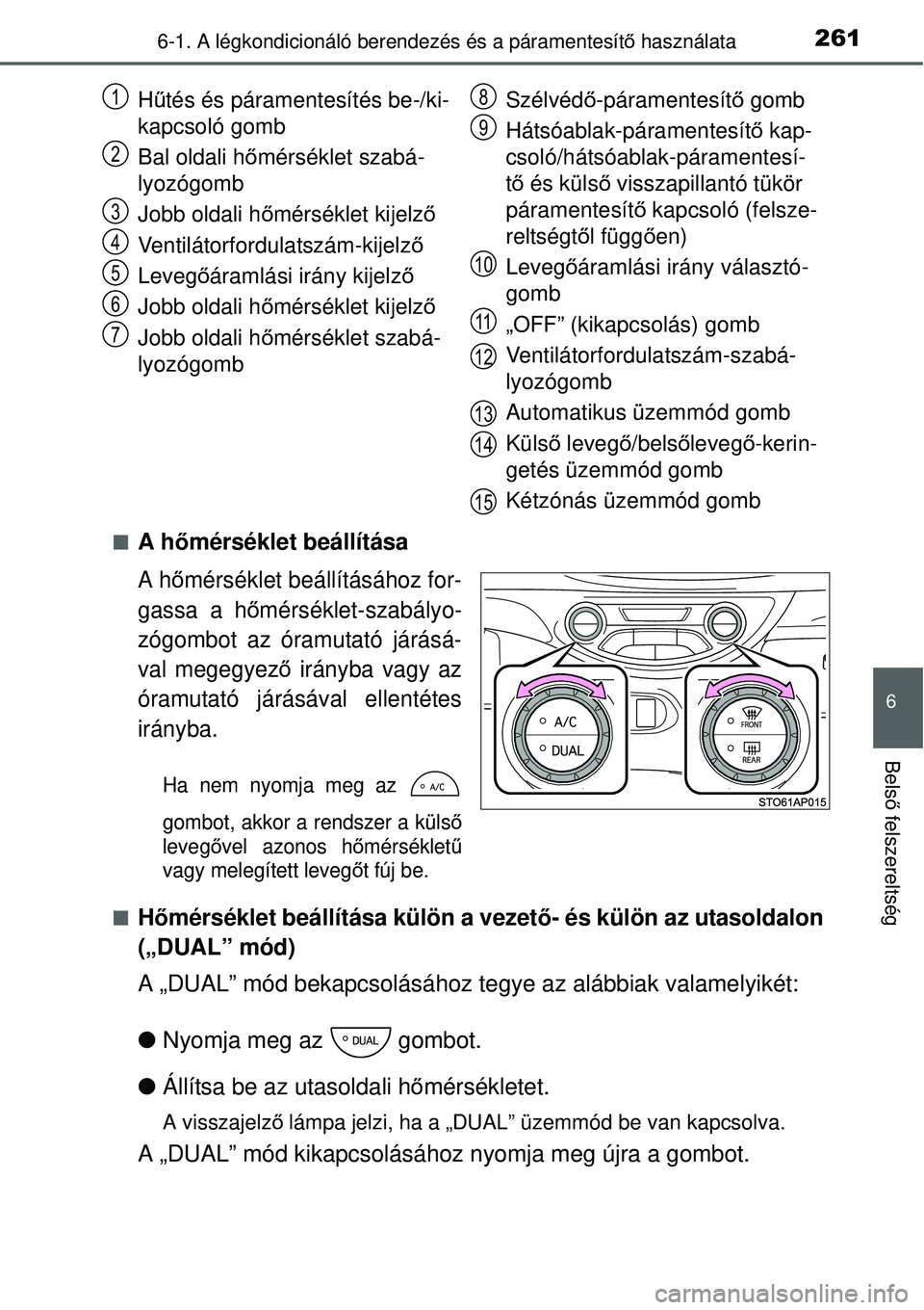 TOYOTA YARIS HYBRID 2014  Kezelési útmutató (in Hungarian) 2616-1. A légkondicionáló berendezés és a páramentesítő használata
6
Belső felszereltség
�QA hőmérséklet beállítása
A hőmérséklet beállításához for-
gassa a hőmérséklet-szab