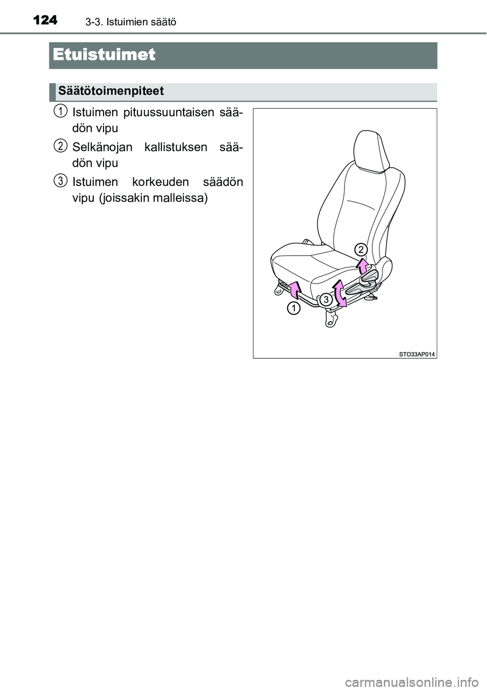 TOYOTA YARIS HYBRID 2014  Omistajan Käsikirja (in Finnish) 1243-3. Istuimien säätö
Etuistuimet
Istuimen pituussuuntaisen sää-
dön vipu
Selkänojan kallistuksen sää-
dön vipu
Istuimen korkeuden säädön
vipu
 (joissakin malleissa)
Säätötoimenpitee