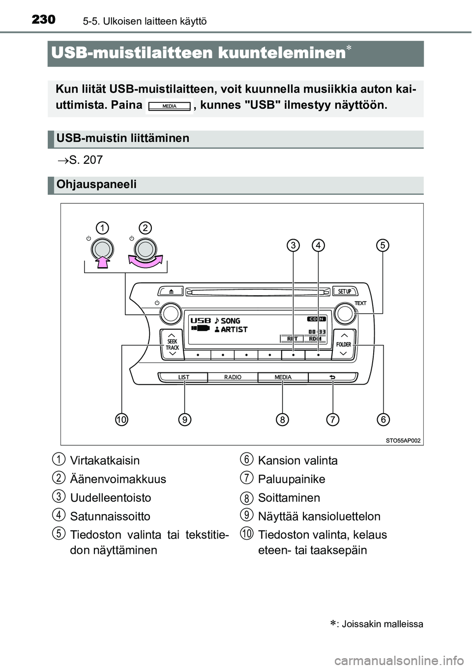 TOYOTA YARIS HYBRID 2014  Omistajan Käsikirja (in Finnish) 2305-5. Ulkoisen laitteen käyttö
USB-muistilaitteen kuunteleminen∗
→S. 207
∗: Joissakin malleissa
Kun liität USB-muistilaitteen, voit kuunnella musiikkia auton kai-
uttimista. Paina  , kunnes
