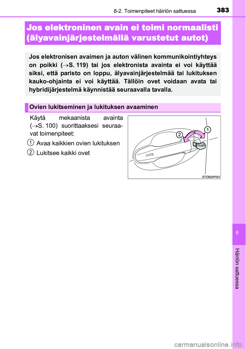 TOYOTA YARIS HYBRID 2014  Omistajan Käsikirja (in Finnish) 3838-2. Toimenpiteet häiriön sattuessa
8
Häiriön sattuessa
Jos elektroninen avain ei toimi nor maalisti 
(älyavainjärjestelmällä varustetut autot)
Käytä mekaanista avainta
(→S. 100) suorit