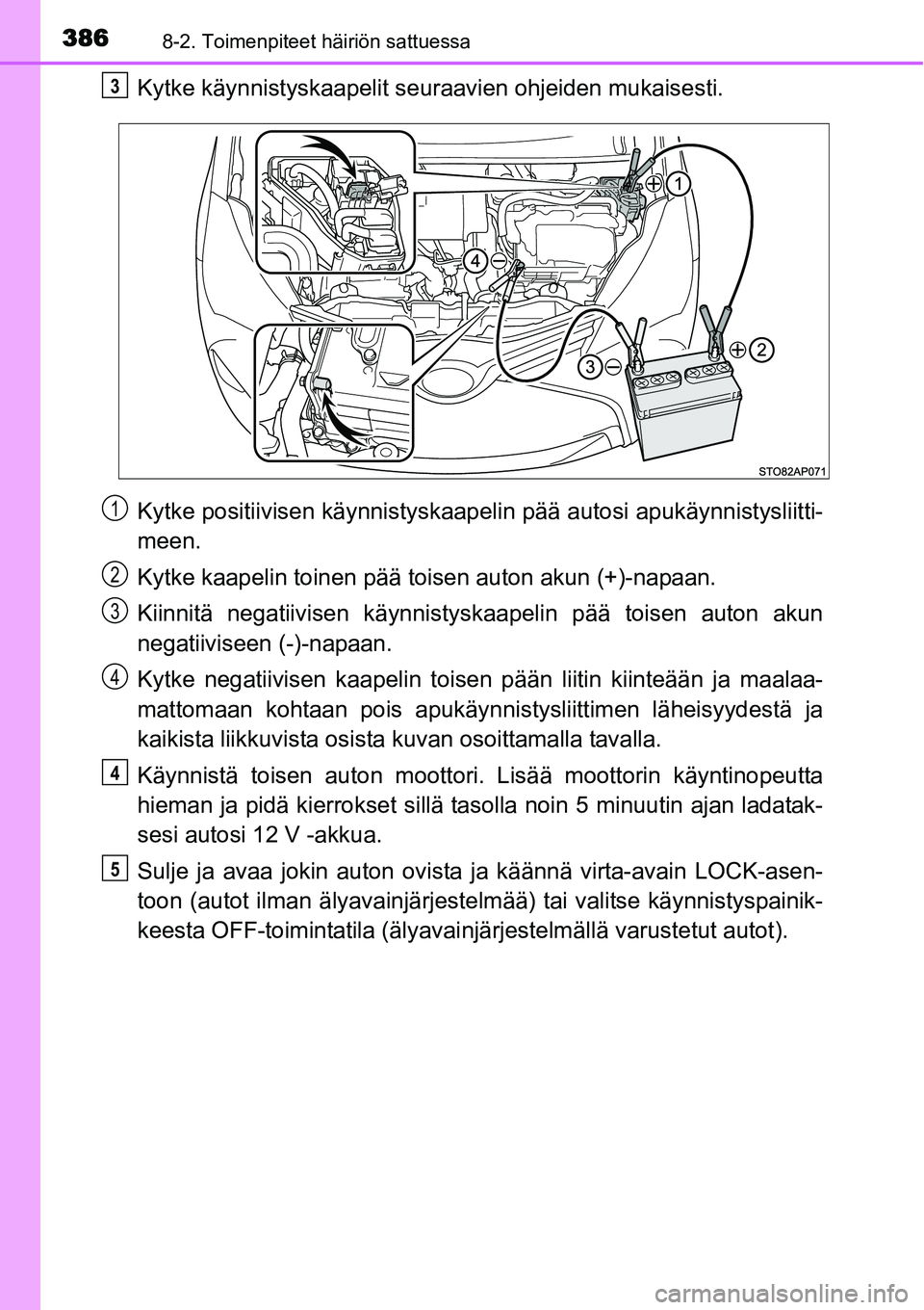 TOYOTA YARIS HYBRID 2014  Omistajan Käsikirja (in Finnish) 3868-2. Toimenpiteet häiriön sattuessa
Kytke käynnistyskaapelit seuraavien ohjeiden mukaisesti.
Kytke positiivisen käynnistyskaapelin pää autosi apukäynnistysliitti-
meen.
Kytke kaapelin toinen