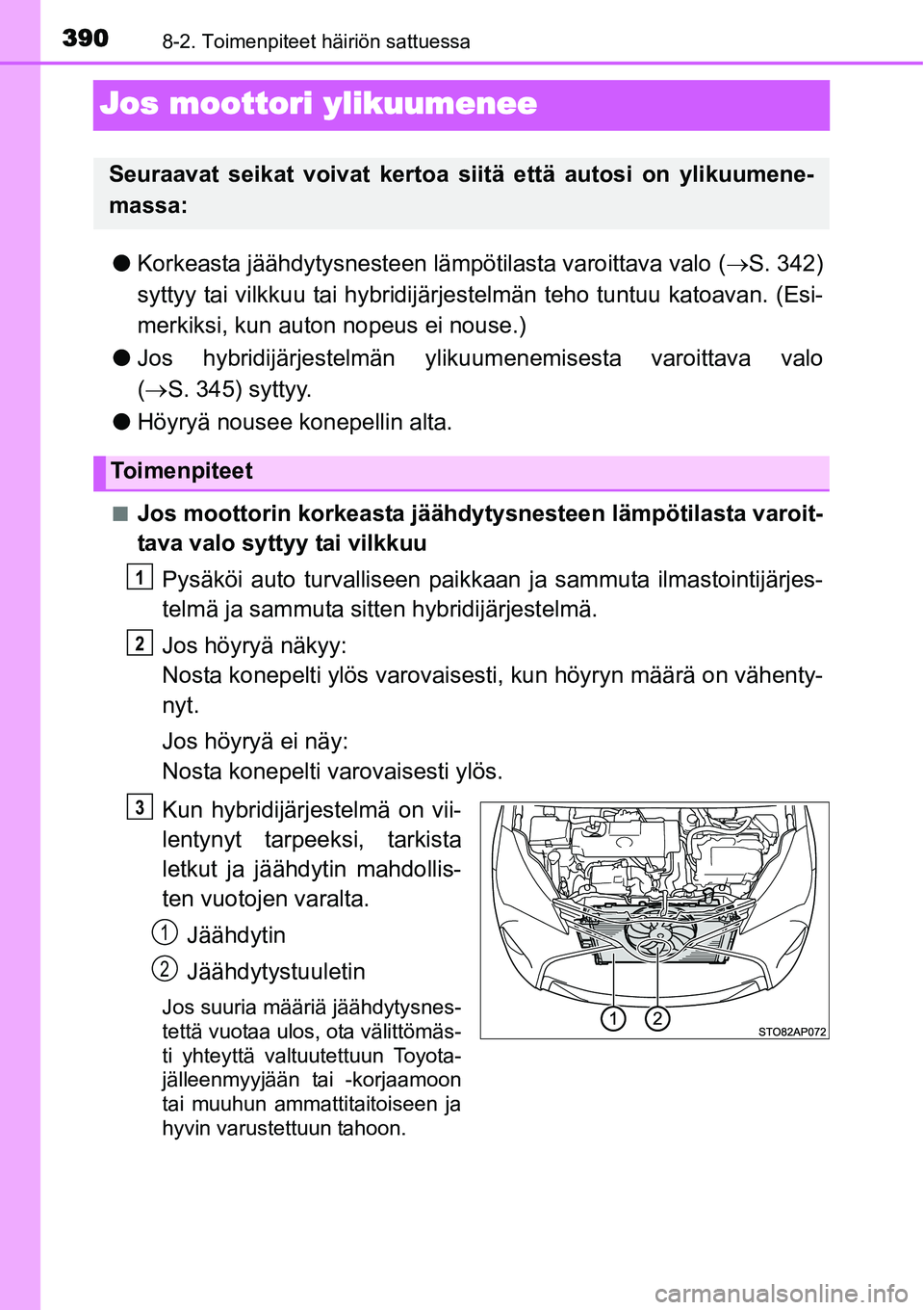 TOYOTA YARIS HYBRID 2014  Omistajan Käsikirja (in Finnish) 3908-2. Toimenpiteet häiriön sattuessa
Jos moottori ylikuumenee
●Korkeasta jäähdytysnesteen lämpötilasta varoittava valo (→S. 342)
syttyy tai vilkkuu tai hybridijärjestelmän teho tuntuu ka