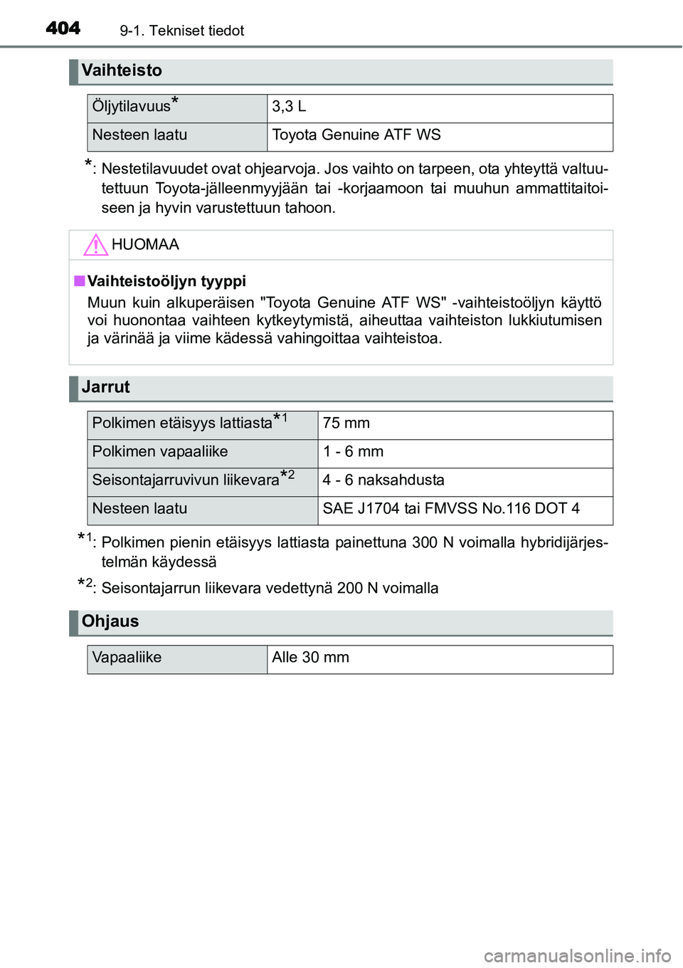 TOYOTA YARIS HYBRID 2014  Omistajan Käsikirja (in Finnish) 4049-1. Tekniset tiedot
*: Nestetilavuudet ovat ohjearvoja. Jos vaihto on tarpeen, ota yhteyttä valtuu-
tettuun Toyota-jälleenmyyjään tai -korjaamoon tai muuhun ammattitaitoi-
seen ja hyvin varust