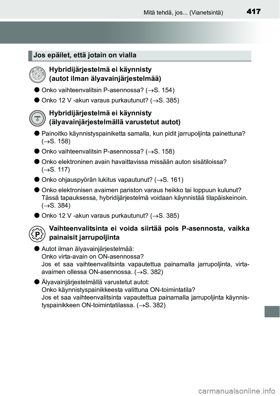 TOYOTA YARIS HYBRID 2014 Omistajan Käsikirja (in Finnish) 417Mitä tehdä, jos... (Vianetsintä)
●Onko vaihteenvalitsin P-asennossa? (→S. 154)
●Onko 12 V -akun varaus purkautunut? (→S. 385)
●Painoitko käynnistyspainiketta samalla, kun pidit jarrup TOYOTA YARIS HYBRID 2014 Omistajan Käsikirja (in Finnish) 417Mitä tehdä, jos... (Vianetsintä)
●Onko vaihteenvalitsin P-asennossa? (→S. 154)
●Onko 12 V -akun varaus purkautunut? (→S. 385)
●Painoitko käynnistyspainiketta samalla, kun pidit jarrup