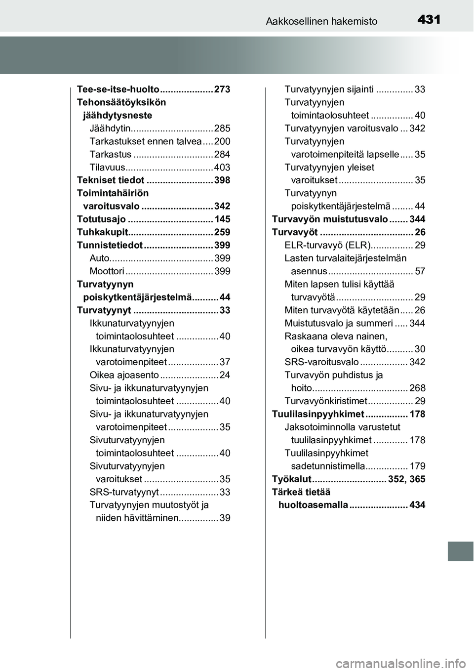 TOYOTA YARIS HYBRID 2014 Omistajan Käsikirja (in Finnish) 431Aakkosellinen hakemisto
Tee-se-itse-huolto .................... 273
Tehonsäätöyksikön
jäähdytysneste
Jäähdytin............................... 285
Tarkastukset ennen talvea .... 200
Tarkast TOYOTA YARIS HYBRID 2014 Omistajan Käsikirja (in Finnish) 431Aakkosellinen hakemisto
Tee-se-itse-huolto .................... 273
Tehonsäätöyksikön
jäähdytysneste
Jäähdytin............................... 285
Tarkastukset ennen talvea .... 200
Tarkast