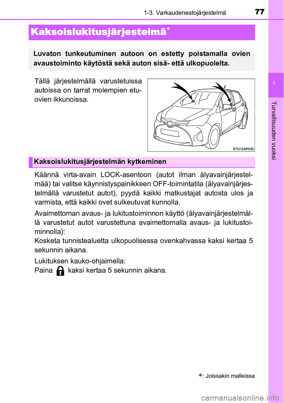 TOYOTA YARIS HYBRID 2014  Omistajan Käsikirja (in Finnish) 77
1
1-3. Varkaudenestojärjestelmä
Turvallisuuden vuoksi
Kaksoislukitusjärjestelmä∗
Tällä järjestelmällä varustetuissa
autoissa on tarrat molempien etu-
ovien ikkunoissa.
Käännä virta-av