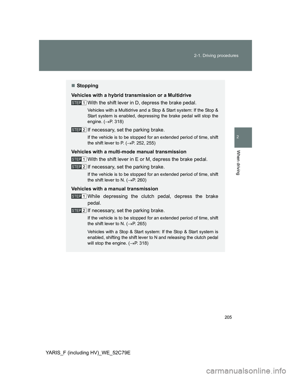 TOYOTA YARIS HYBRID 2012  Owners Manual 205 2-1. Driving procedures
2
When driving
YARIS_F (including HV)_WE_52C79E
Stopping
Vehicles with a hybrid transmission or a Multidrive
With the shift lever in D, depress the brake pedal.
Vehicles