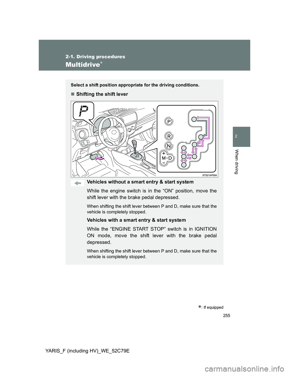 TOYOTA YARIS HYBRID 2012  Owners Manual 255
2-1. Driving procedures
2
When driving
YARIS_F (including HV)_WE_52C79E
Multidrive
: If equipped
Select a shift position appropriate for the driving conditions.
Shifting the shift lever
V