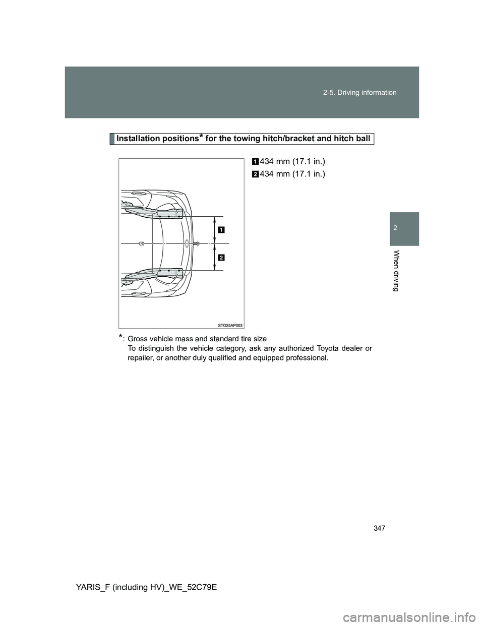 TOYOTA YARIS HYBRID 2012  Owners Manual 347 2-5. Driving information
2
When driving
YARIS_F (including HV)_WE_52C79E
Installation positions* for the towing hitch/bracket and hitch ball
434 mm (17.1 in.)
434 mm (17.1 in.)
*: Gross vehicle ma