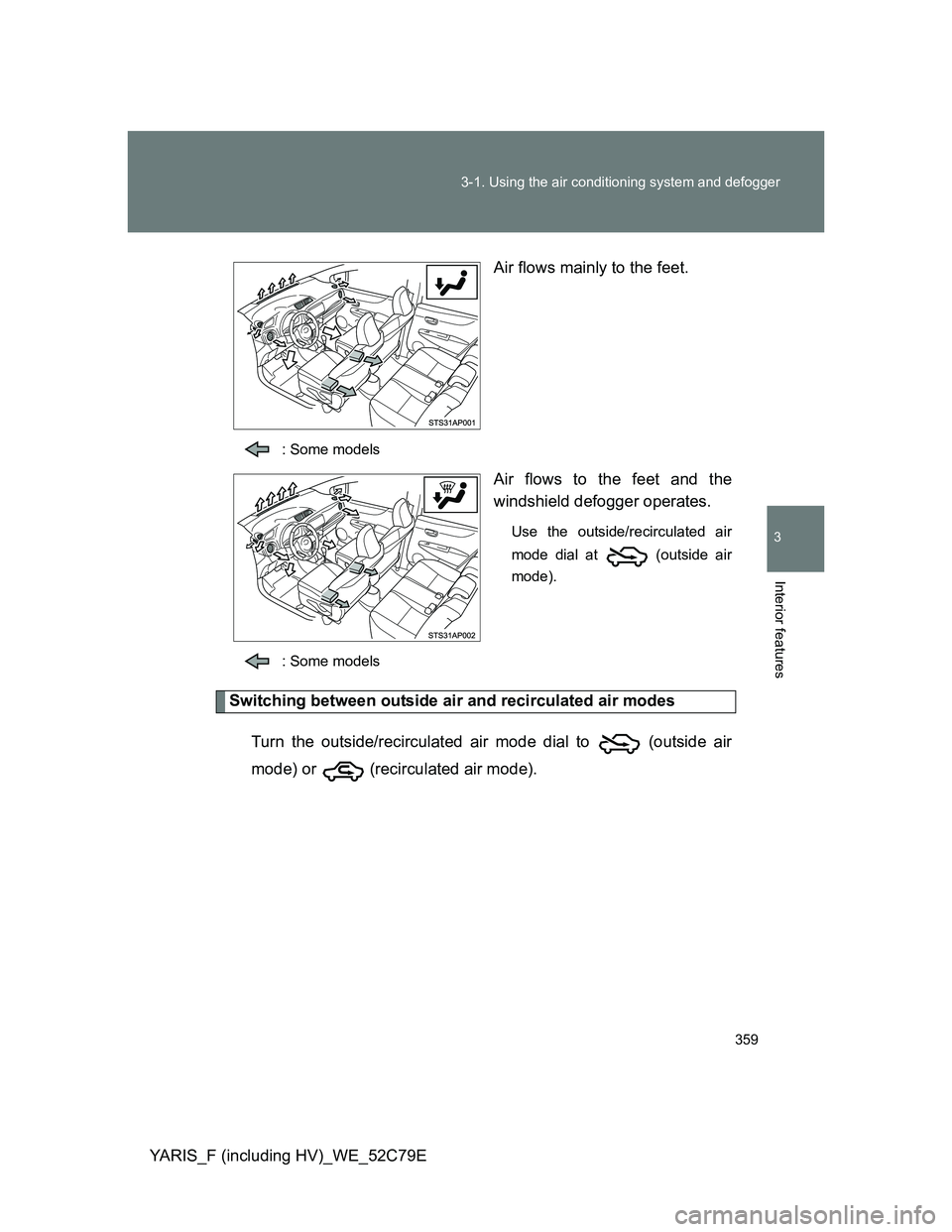 TOYOTA YARIS HYBRID 2012  Owners Manual 359 3-1. Using the air conditioning system and defogger
3
Interior features
YARIS_F (including HV)_WE_52C79EAir flows mainly to the feet.
: Some models
Air flows to the feet and the
windshield defogge