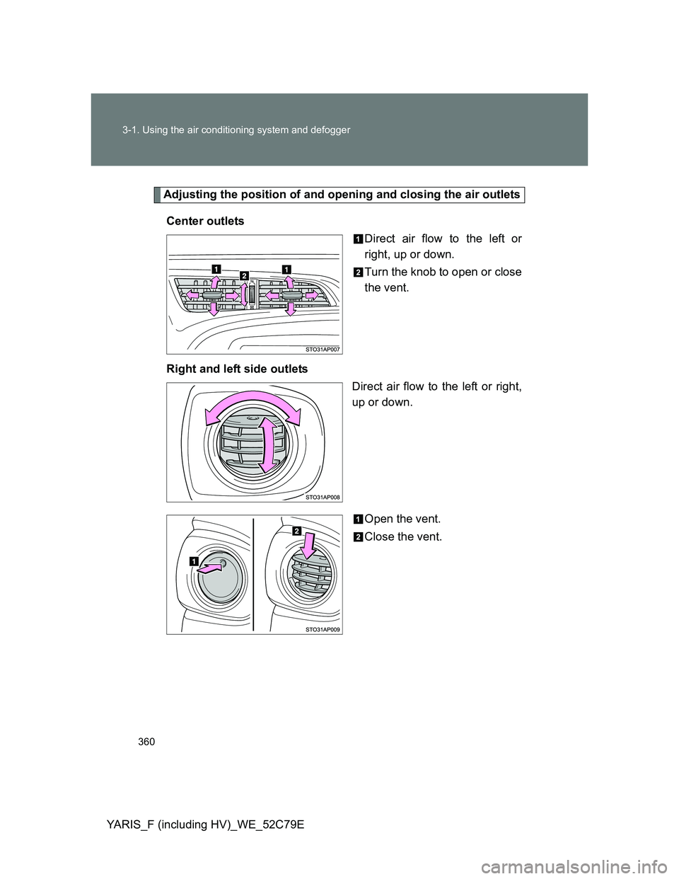 TOYOTA YARIS HYBRID 2012  Owners Manual 360 3-1. Using the air conditioning system and defogger
YARIS_F (including HV)_WE_52C79E
Adjusting the position of and opening and closing the air outlets
Center outlets
Direct air flow to the left or