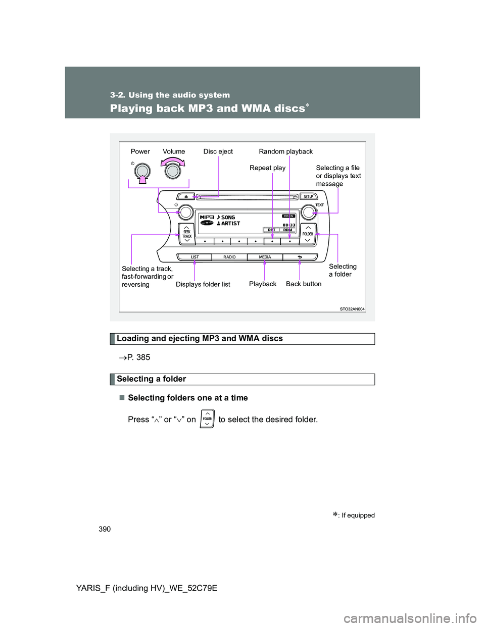 TOYOTA YARIS HYBRID 2012  Owners Manual 390
3-2. Using the audio system
YARIS_F (including HV)_WE_52C79E
Playing back MP3 and WMA discs
Loading and ejecting MP3 and WMA discs
P. 385
Selecting a folder
Selecting folders one at a tim