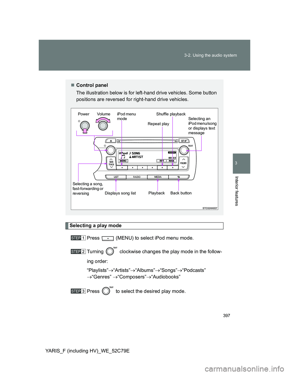 TOYOTA YARIS HYBRID 2012  Owners Manual 397 3-2. Using the audio system
3
Interior features
YARIS_F (including HV)_WE_52C79E
Selecting a play mode
Press   (MENU) to select iPod menu mode.
Turning   clockwise changes the play mode in the fol