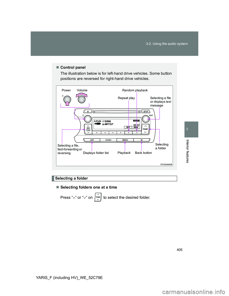 TOYOTA YARIS HYBRID 2012  Owners Manual 405 3-2. Using the audio system
3
Interior features
YARIS_F (including HV)_WE_52C79E
Selecting a folder
Selecting folders one at a time
Press “” or “” on   to select the desired folde
