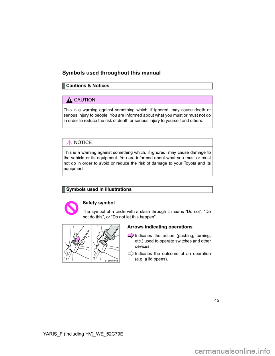 TOYOTA YARIS HYBRID 2012  Owners Manual YARIS_F (including HV)_WE_52C79E
45
Symbols used throughout this manual
Cautions & Notices 
Symbols used in illustrations
CAUTION
This is a warning against something which, if ignored, may cause death