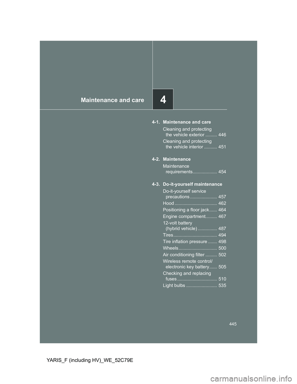TOYOTA YARIS HYBRID 2012  Owners Manual 4Maintenance and care
445
YARIS_F (including HV)_WE_52C79E
4-1. Maintenance and care
Cleaning and protecting 
the vehicle exterior .........  446
Cleaning and protecting 
the vehicle interior ........