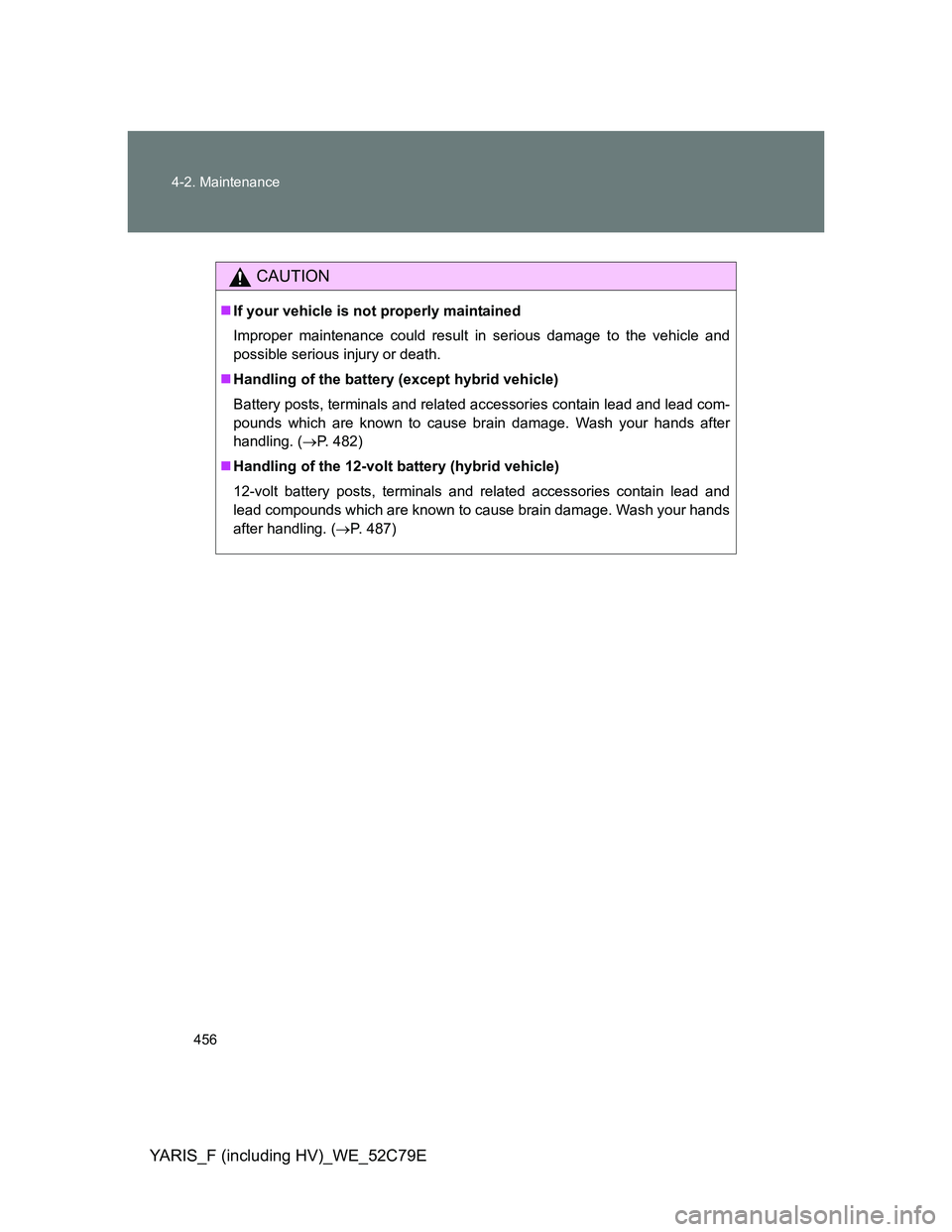 TOYOTA YARIS HYBRID 2012  Owners Manual 456 4-2. Maintenance
YARIS_F (including HV)_WE_52C79E
CAUTION
If your vehicle is not properly maintained
Improper maintenance could result in serious damage to the vehicle and
possible serious inju