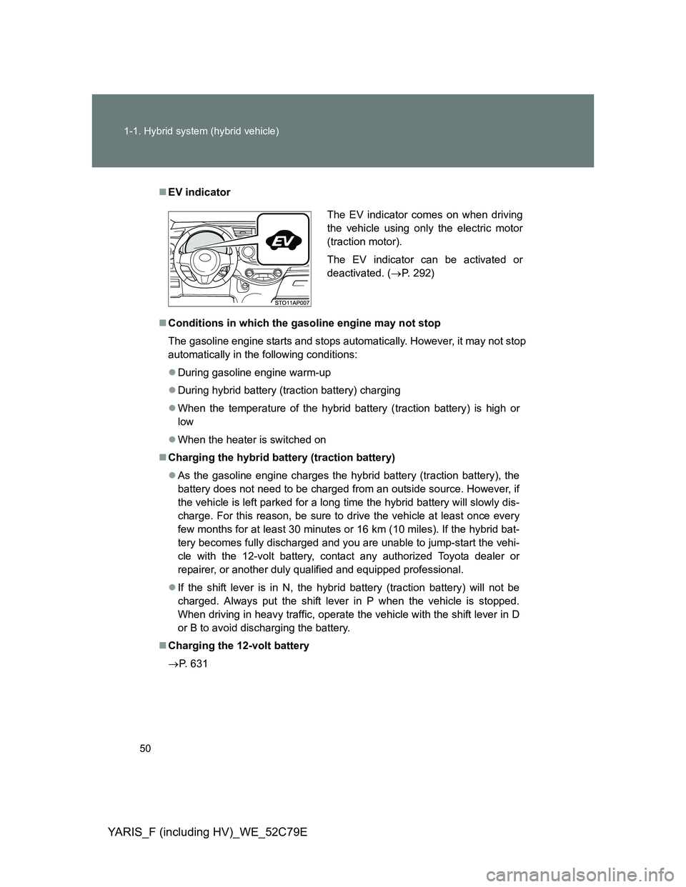 TOYOTA YARIS HYBRID 2012 Owners Manual 50 1-1. Hybrid system (hybrid vehicle)
YARIS_F (including HV)_WE_52C79E
EV indicator
Conditions in which the gasoline engine may not stop
The gasoline engine starts and stops automatically. Howe TOYOTA YARIS HYBRID 2012 Owners Manual 50 1-1. Hybrid system (hybrid vehicle)
YARIS_F (including HV)_WE_52C79E
EV indicator
Conditions in which the gasoline engine may not stop
The gasoline engine starts and stops automatically. Howe