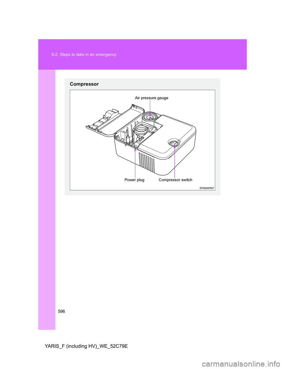 TOYOTA YARIS HYBRID 2012  Owners Manual 596 5-2. Steps to take in an emergency
YARIS_F (including HV)_WE_52C79E
Compressor
Power plugCompressor switch
Air pressure gauge 