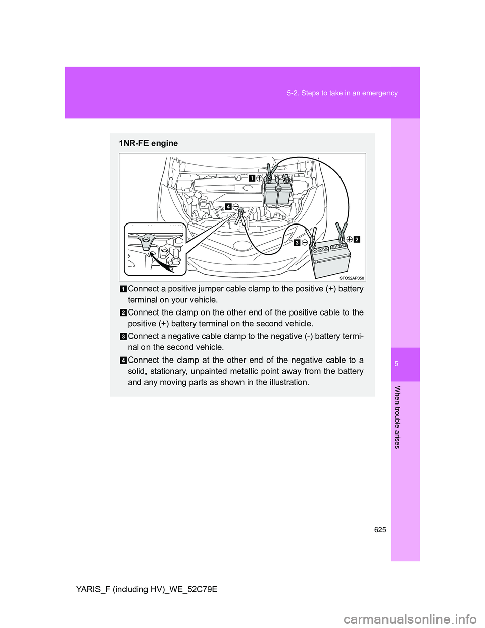 TOYOTA YARIS HYBRID 2012  Owners Manual 5
625 5-2. Steps to take in an emergency
When trouble arises
YARIS_F (including HV)_WE_52C79E
1NR-FE engine
Connect a positive jumper cable clamp to the positive (+) battery
terminal on your vehicle.
