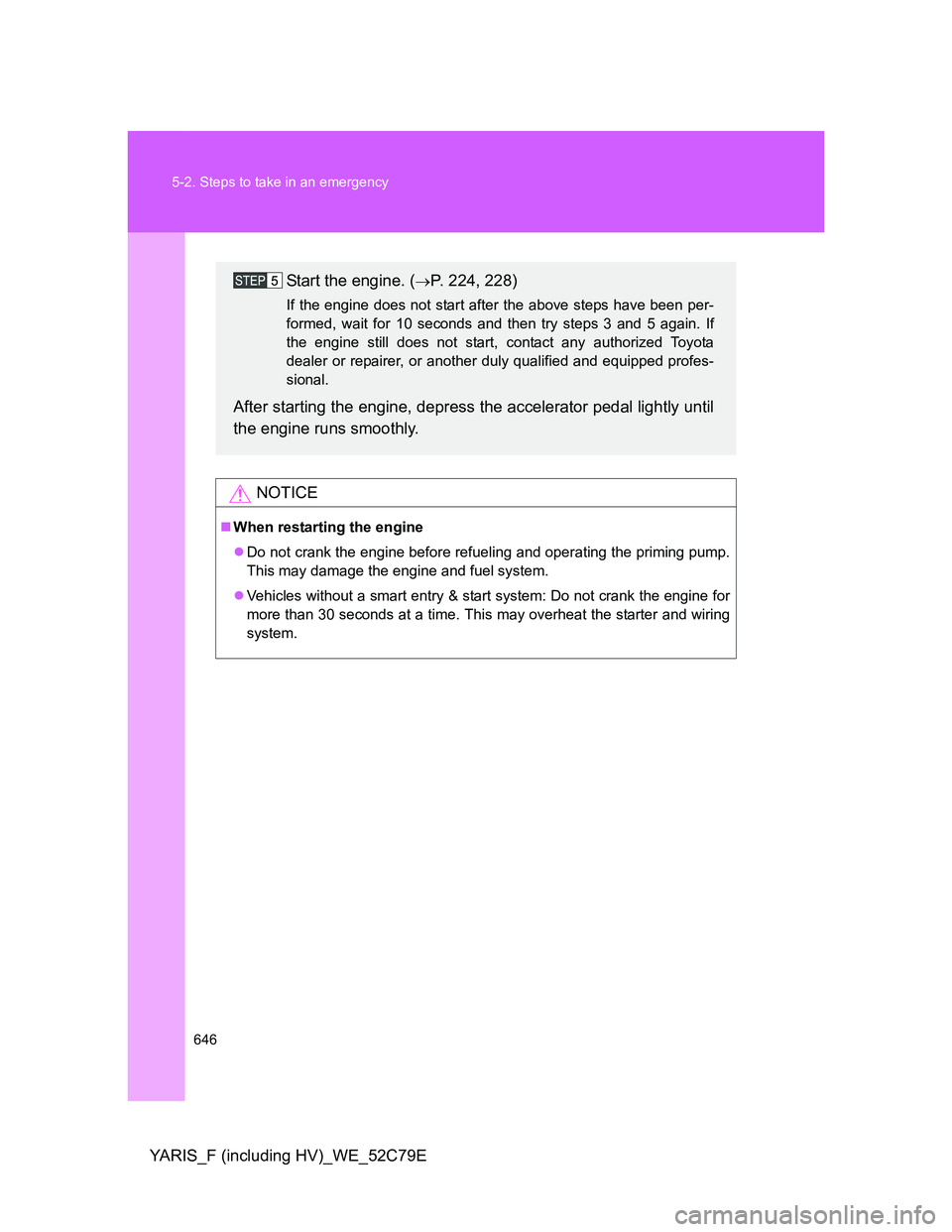 TOYOTA YARIS HYBRID 2012  Owners Manual 646 5-2. Steps to take in an emergency
YARIS_F (including HV)_WE_52C79E
NOTICE
When restarting the engine
Do not crank the engine before refueling and operating the priming pump.
This may damage