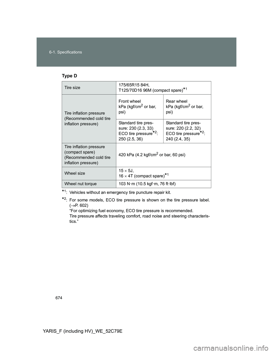 TOYOTA YARIS HYBRID 2012  Owners Manual 674 6-1. Specifications
YARIS_F (including HV)_WE_52C79ETy p e  D
*1: Vehicles without an emergency tire puncture repair kit.
*2: For some models, ECO tire pressure is shown on the tire pressure label
