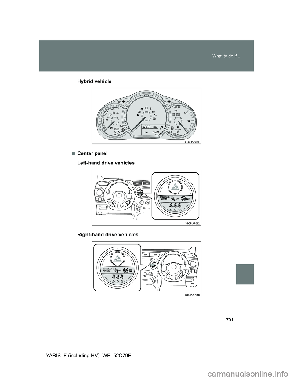 TOYOTA YARIS HYBRID 2012  Owners Manual 701 What to do if...
YARIS_F (including HV)_WE_52C79EHybrid vehicle
Center panel
Left-hand drive vehicles
Right-hand drive vehicles 
