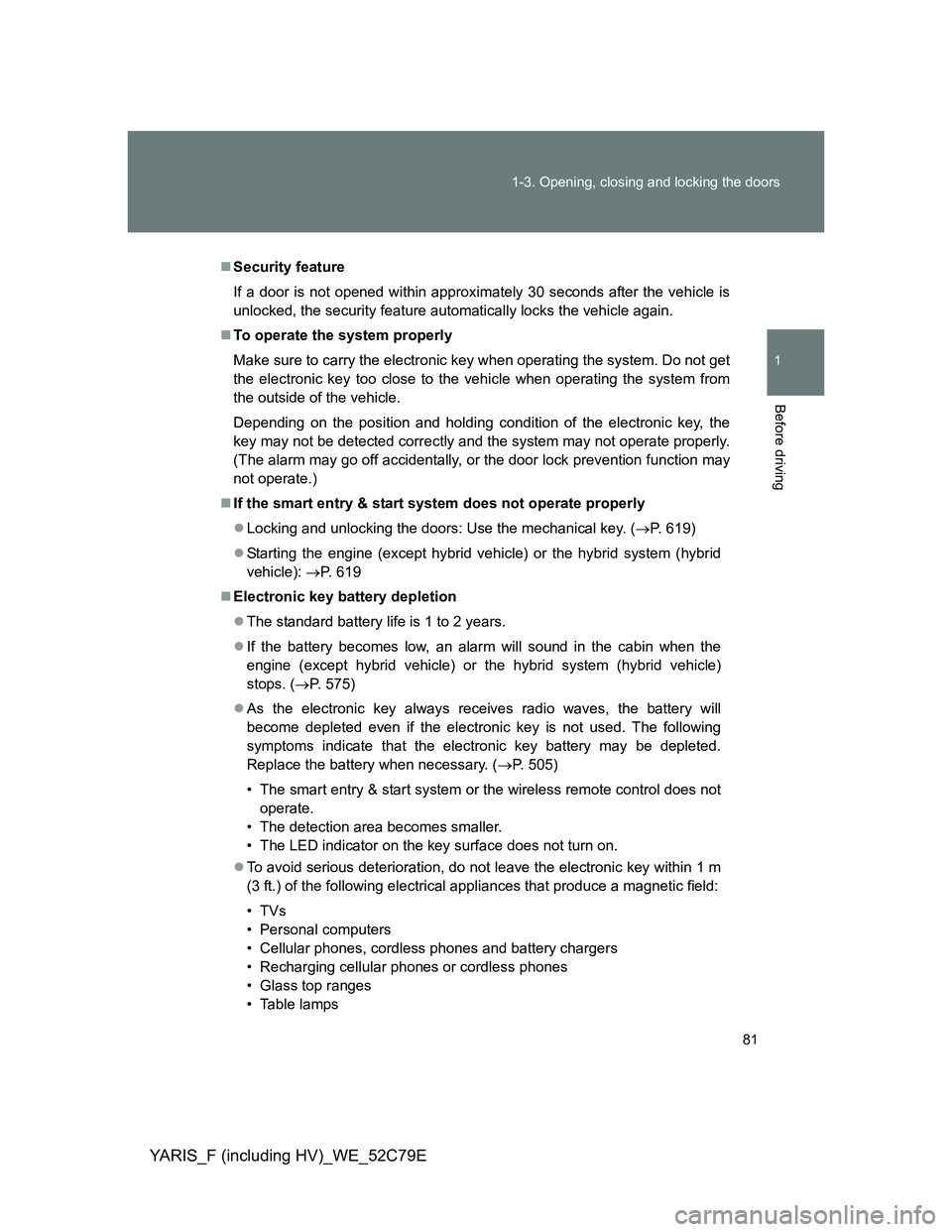 TOYOTA YARIS HYBRID 2012 Owners Manual 81 1-3. Opening, closing and locking the doors
1
Before driving
YARIS_F (including HV)_WE_52C79E
Security feature
If a door is not opened within approximately 30 seconds after the vehicle is
unlock TOYOTA YARIS HYBRID 2012 Owners Manual 81 1-3. Opening, closing and locking the doors
1
Before driving
YARIS_F (including HV)_WE_52C79E
Security feature
If a door is not opened within approximately 30 seconds after the vehicle is
unlock