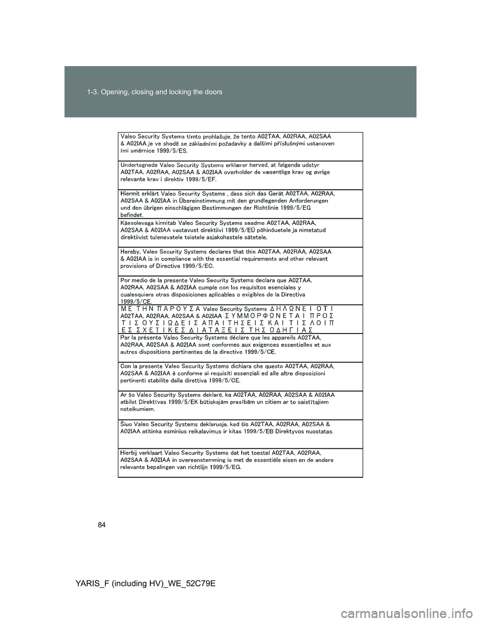 TOYOTA YARIS HYBRID 2012  Owners Manual 84 1-3. Opening, closing and locking the doors
YARIS_F (including HV)_WE_52C79E 