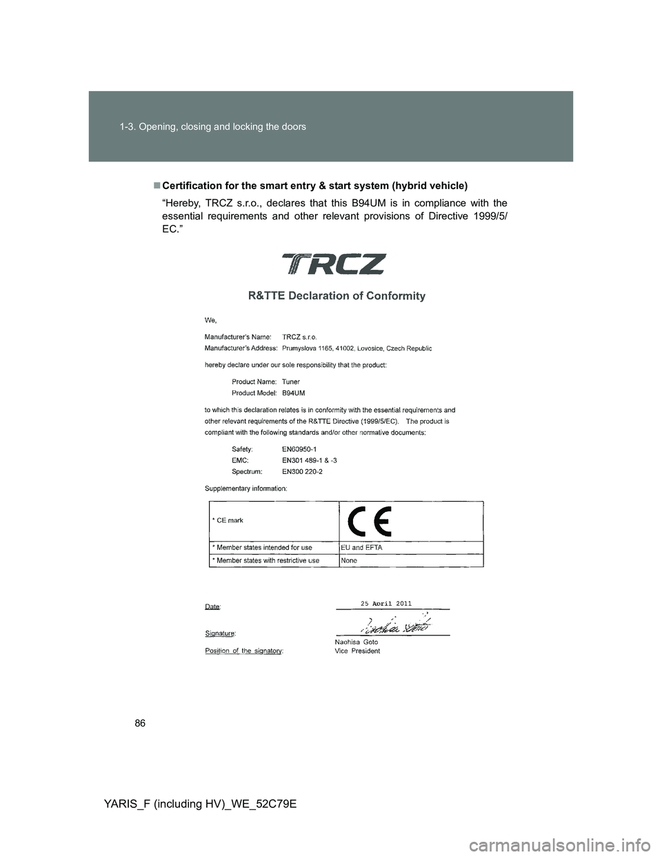 TOYOTA YARIS HYBRID 2012  Owners Manual 86 1-3. Opening, closing and locking the doors
YARIS_F (including HV)_WE_52C79E
Certification for the smart entry & start system (hybrid vehicle)
“Hereby, TRCZ s.r.o., declares that this B94UM is