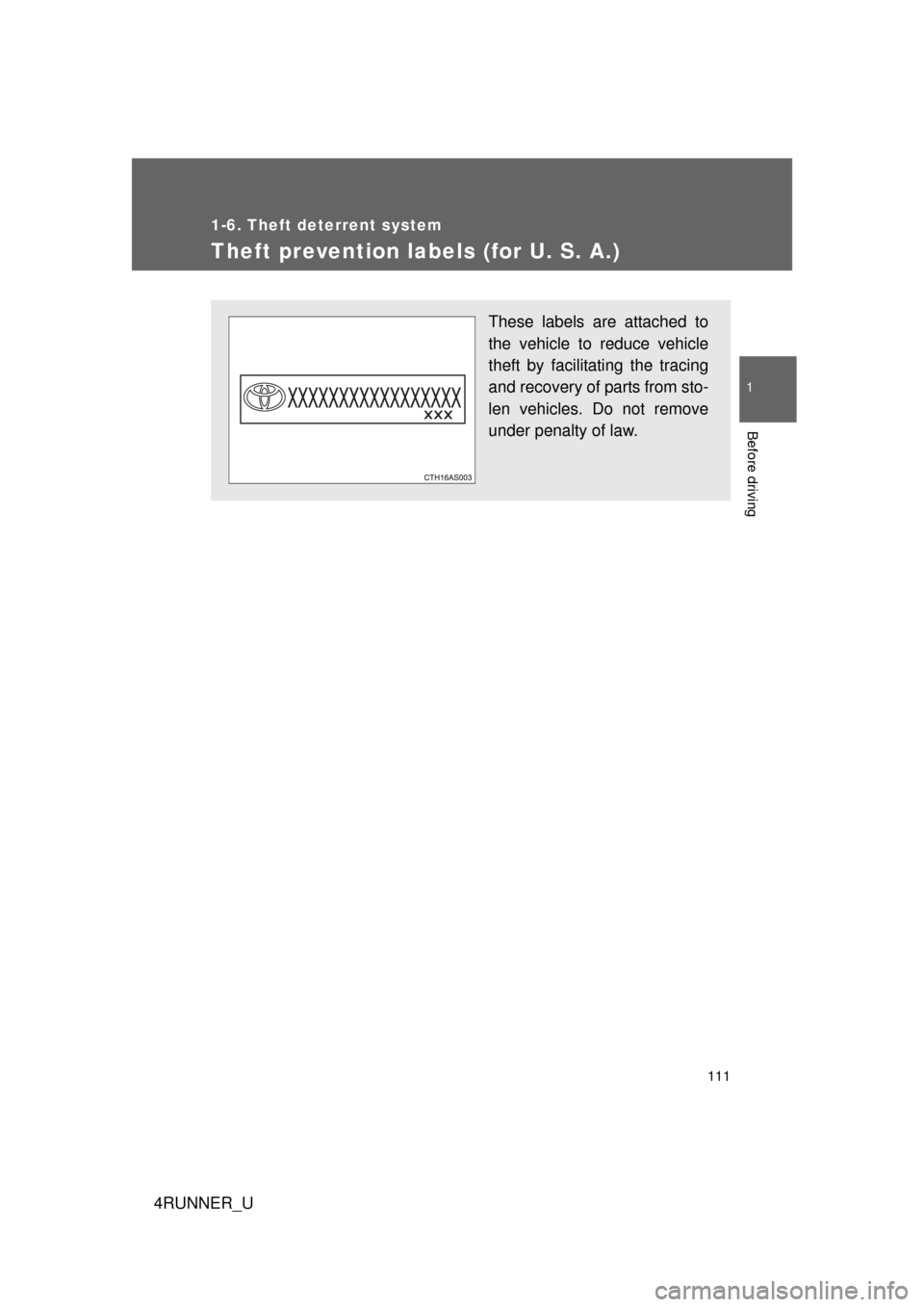 TOYOTA 4RUNNER 2010 N280 / 5.G Owners Manual 111
1
1-6. Theft deterrent system
Before driving
4RUNNER_U
Theft prevention labels (for U. S. A.)
These labels are attached to
the vehicle to reduce vehicle
theft by facilitating the tracing
and recov