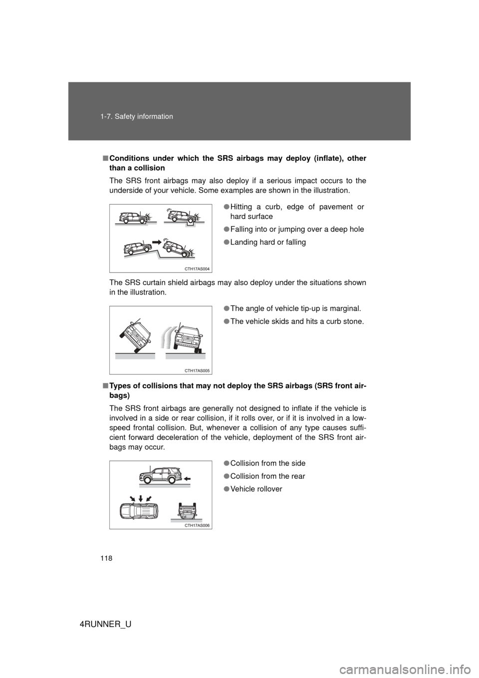 TOYOTA 4RUNNER 2010 N280 / 5.G Owners Manual 118 1-7. Safety information
4RUNNER_U
■Conditions under which the SRS airbags may deploy (inflate), other
than a collision
The SRS front airbags may also deploy if a serious impact occurs to the
und TOYOTA 4RUNNER 2010 N280 / 5.G Owners Manual 118 1-7. Safety information
4RUNNER_U
■Conditions under which the SRS airbags may deploy (inflate), other
than a collision
The SRS front airbags may also deploy if a serious impact occurs to the
und