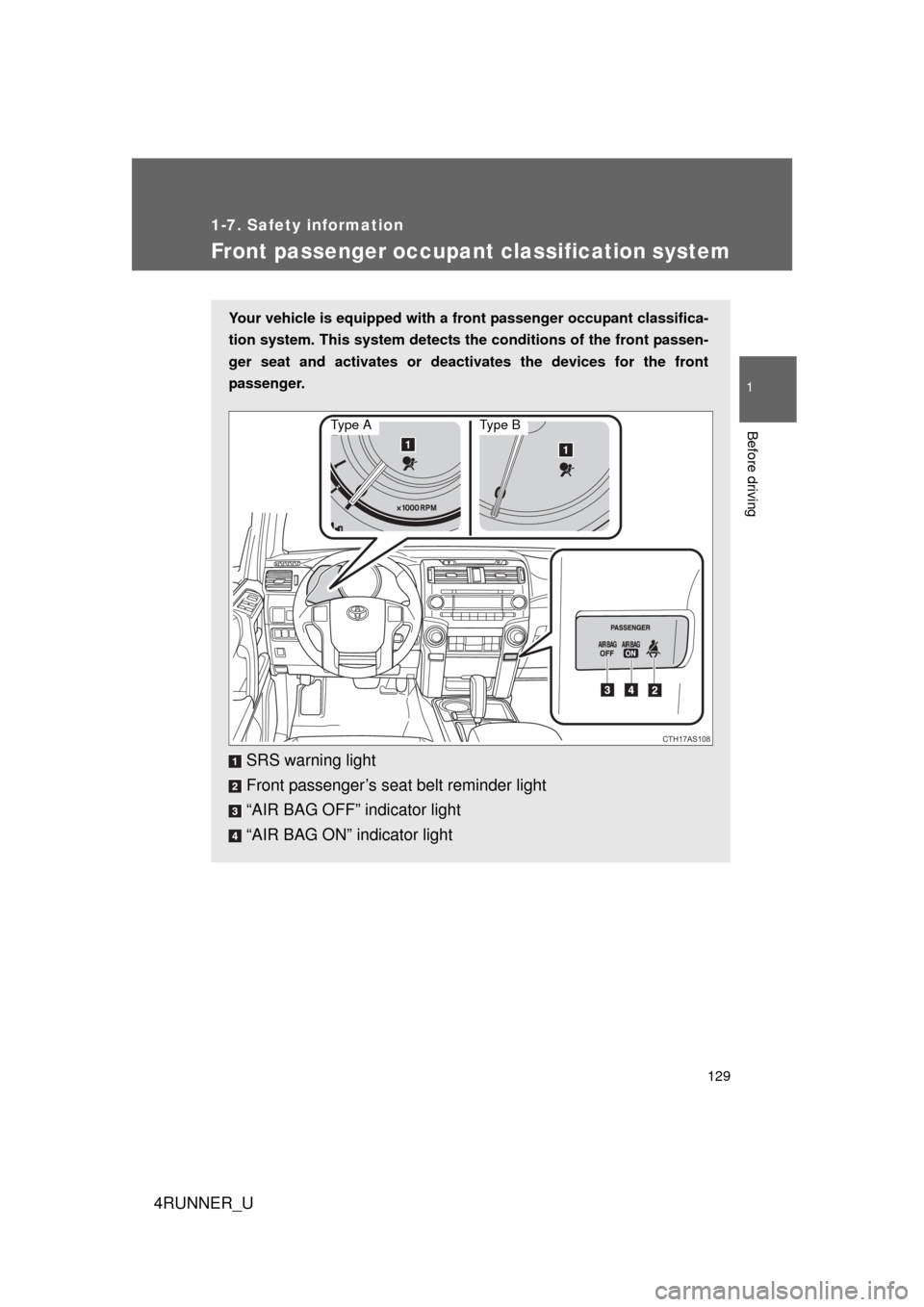TOYOTA 4RUNNER 2010 N280 / 5.G Owners Manual 129
1
1-7. Safety information
Before driving
4RUNNER_U
Front passenger occupant classification system
Your vehicle is equipped with a front passenger occupant classifica-
tion system. This system dete