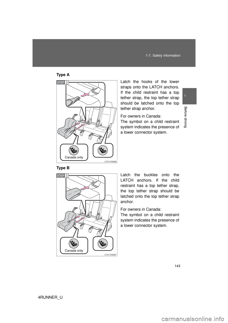 TOYOTA 4RUNNER 2010 N280 / 5.G Owners Manual 143
1-7. Safety information
1
Before driving
4RUNNER_U
Ty p e  A
Latch the hooks of the lower
straps onto the LATCH anchors.
If the child restraint has a top
tether strap, the top tether strap
should 