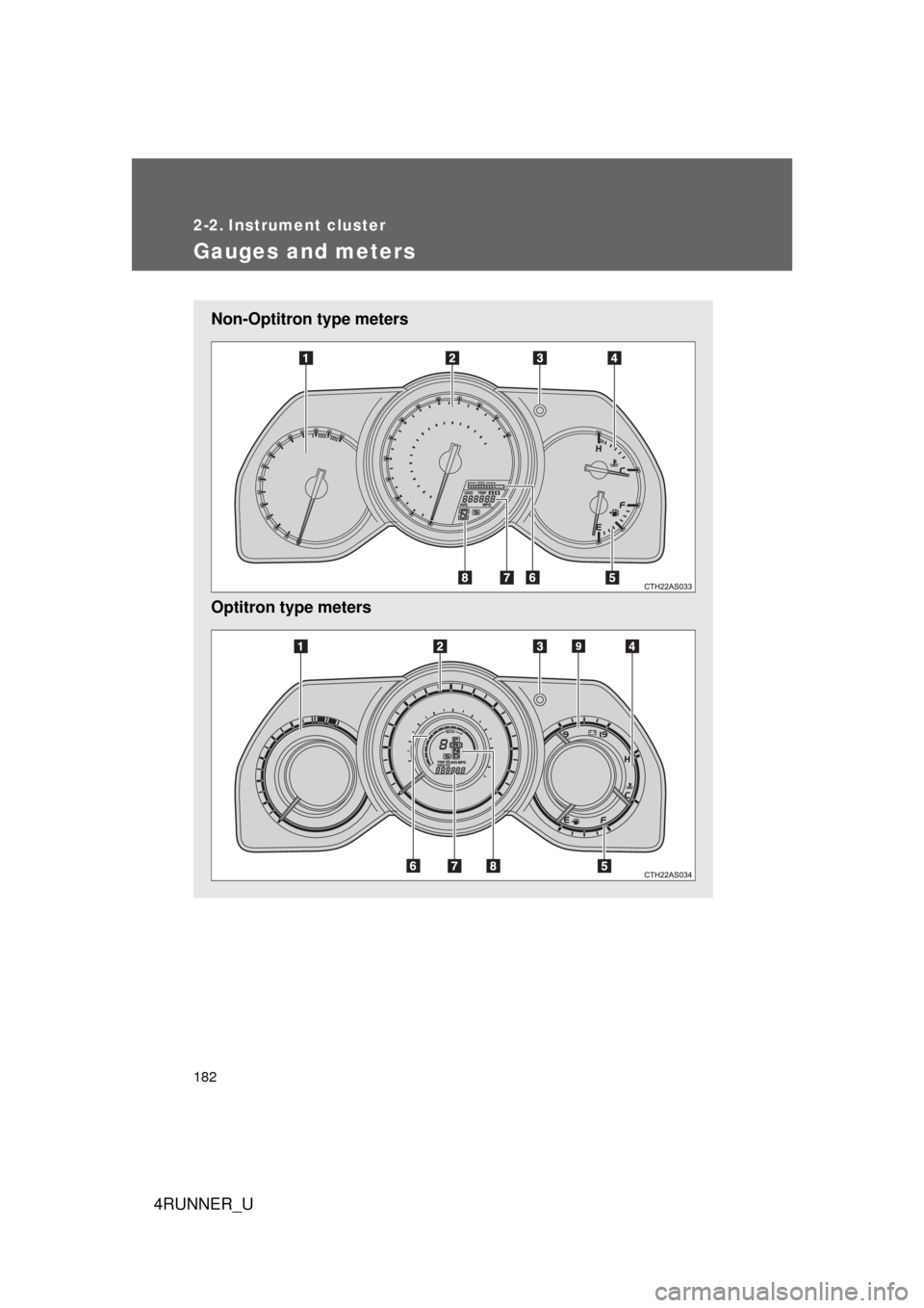 TOYOTA 4RUNNER 2010 N280 / 5.G Owners Manual 182
4RUNNER_U
2-2. Instrument cluster
Gauges and meters
Non-Optitron type meters
Optitron type meters 